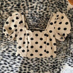 Mango Tan and Black Puff Sleeve Polka Dot Crop Top